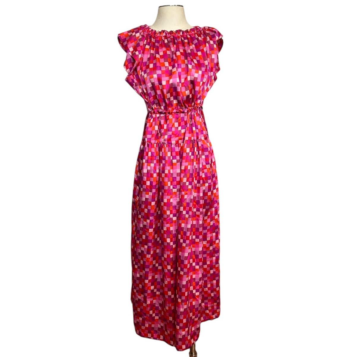 Dovima Paris Pink Checkered 100% Silk Ruffle Sleeve Tie Waist Maxi Dress L — image 2 of 7